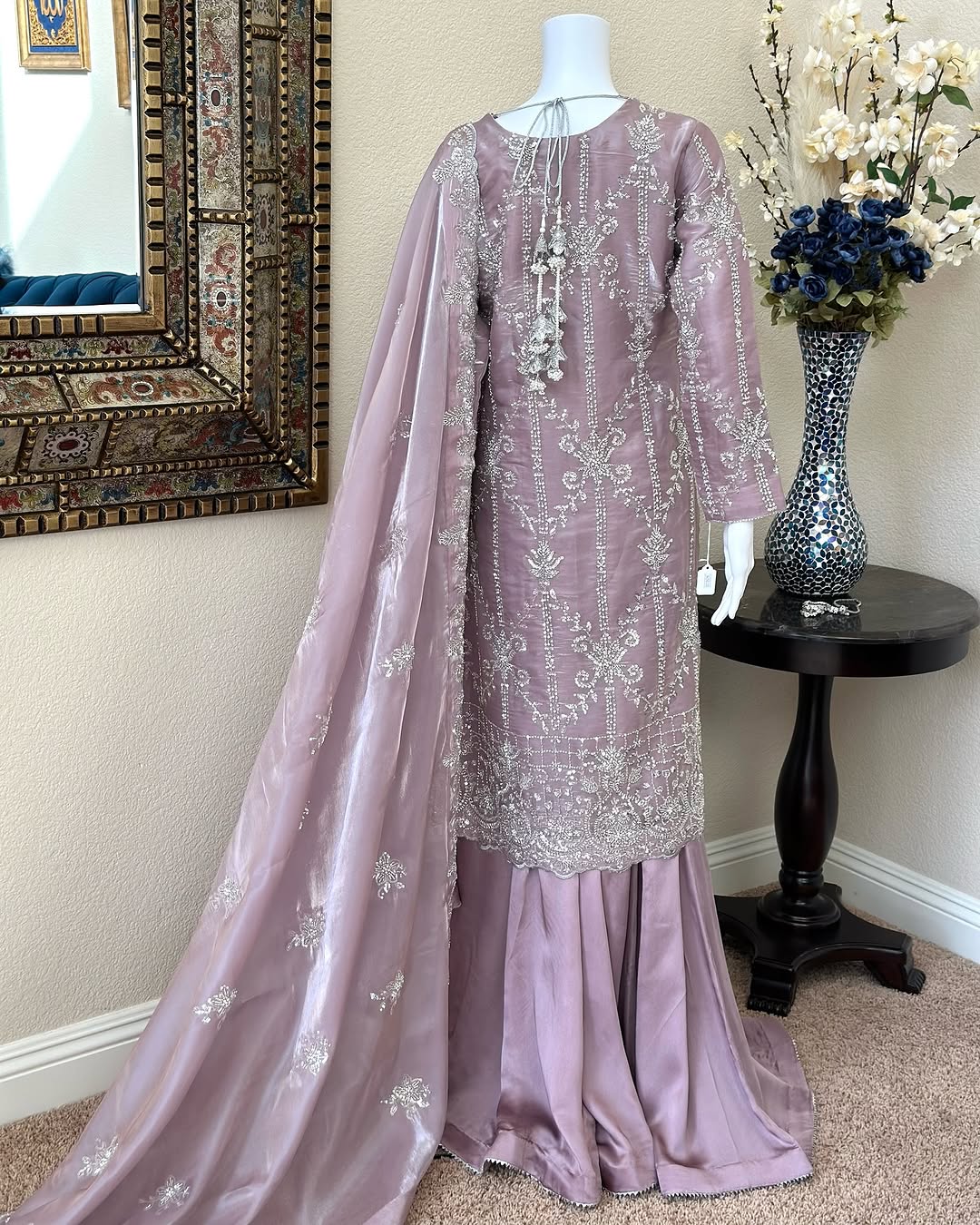 Cutdana work on Silk - Liliac