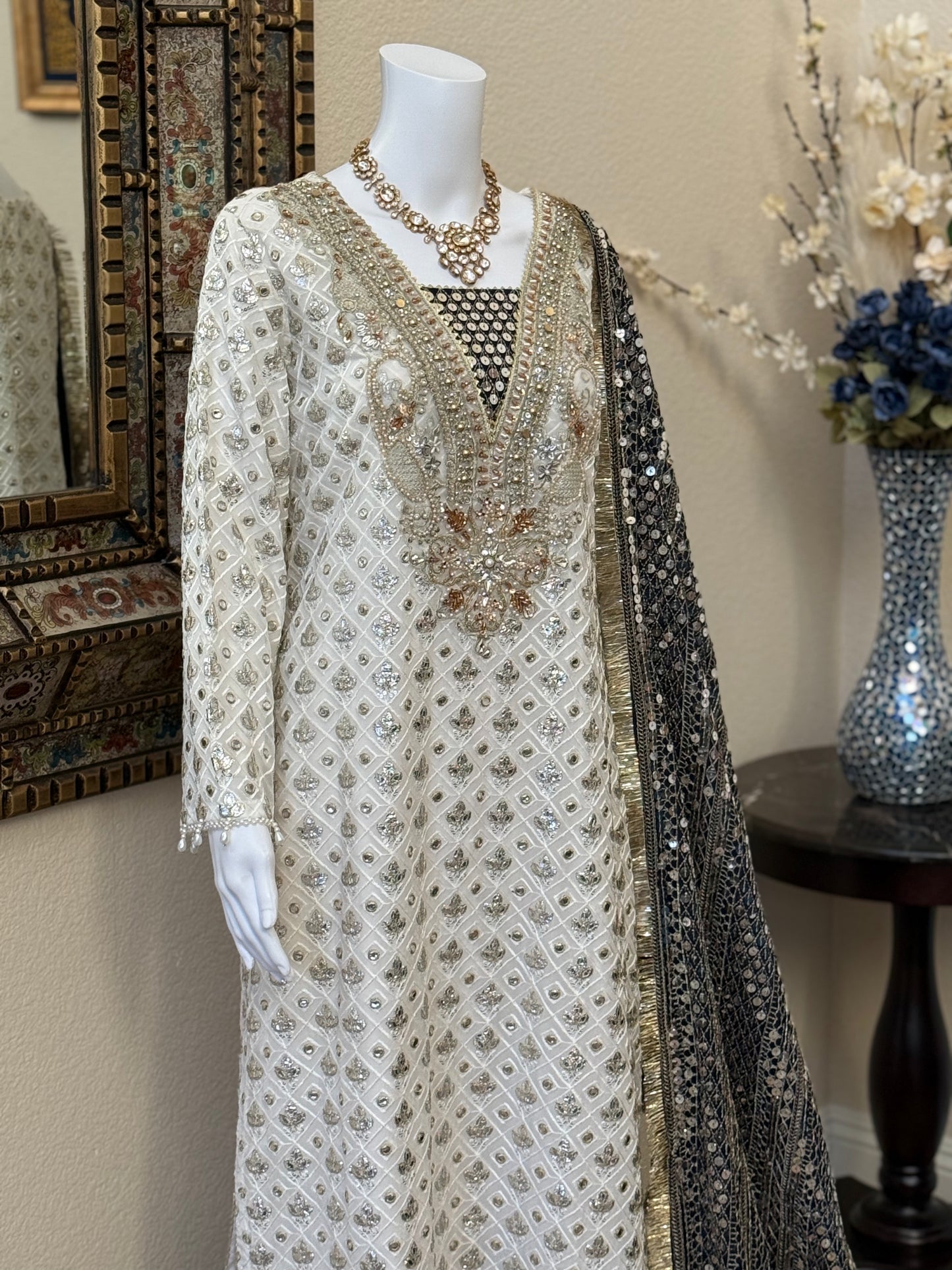 White and Black Plazzo Suit