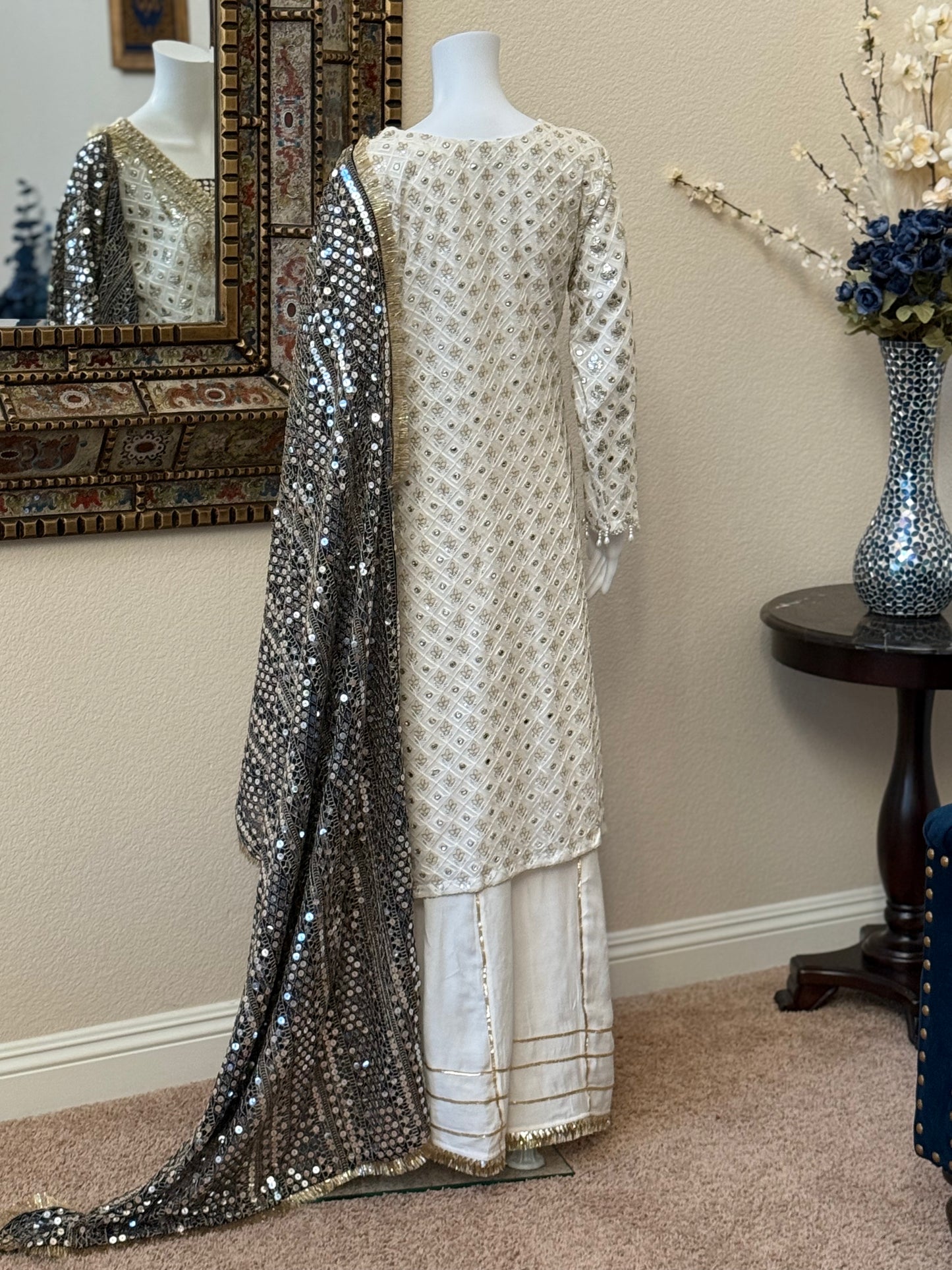 White and Black Plazzo Suit