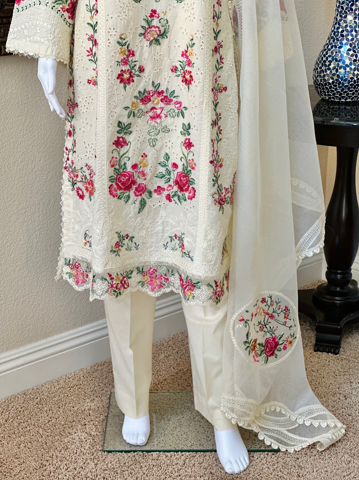 White Floral Kameez with trouser