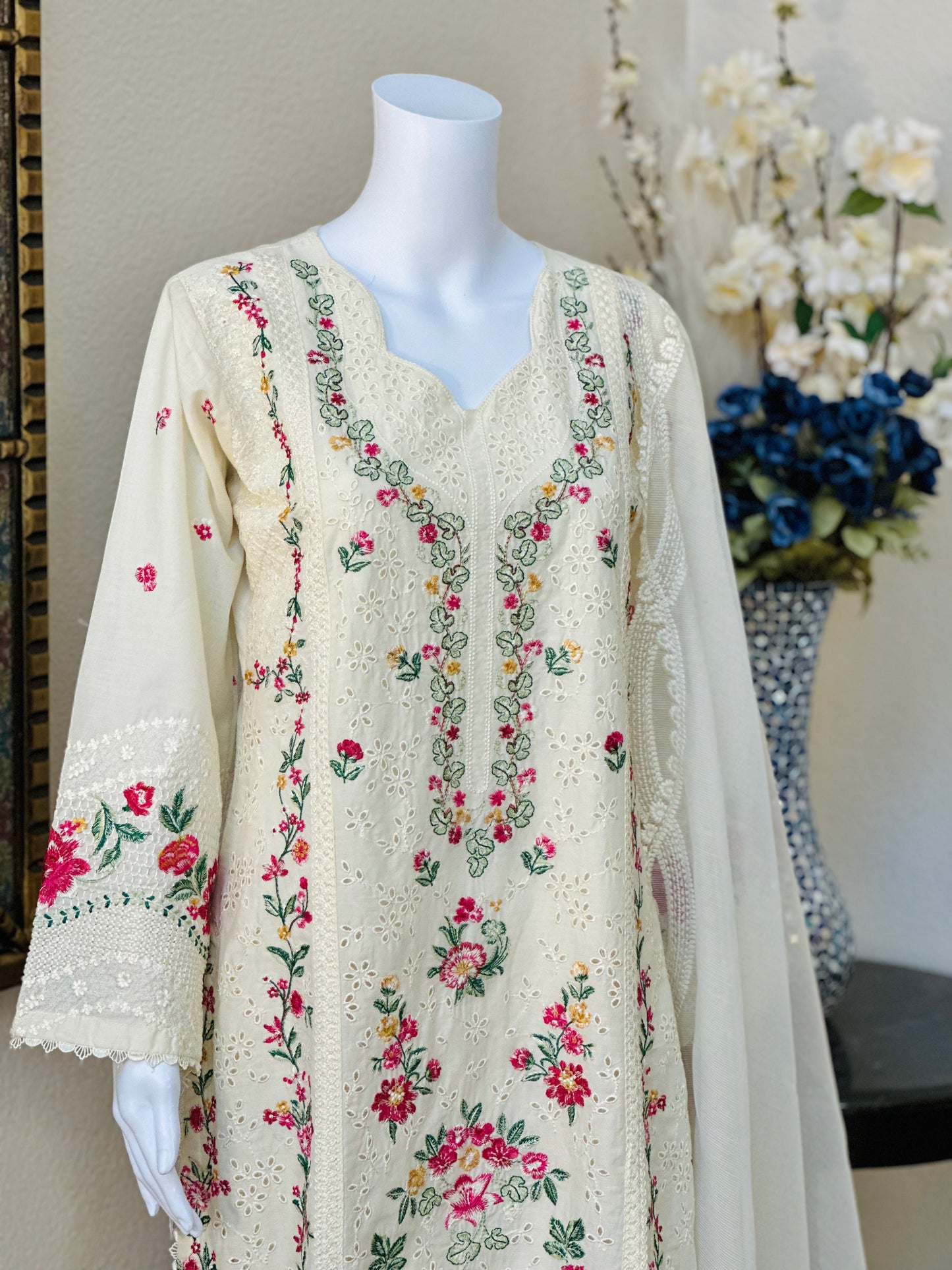 White Floral Kameez with trouser