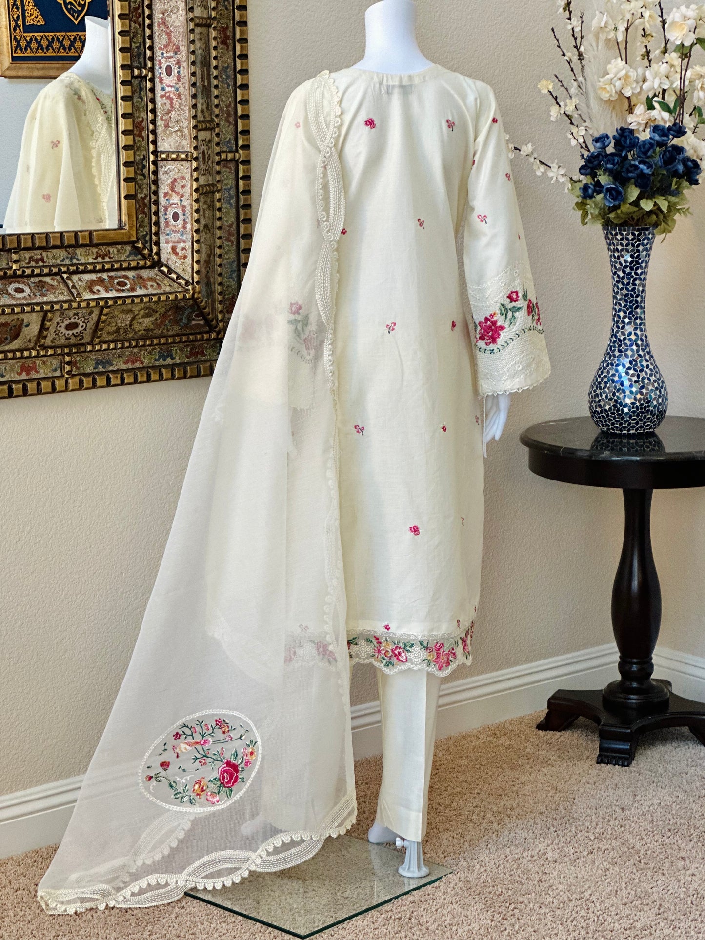 White Floral Kameez with trouser