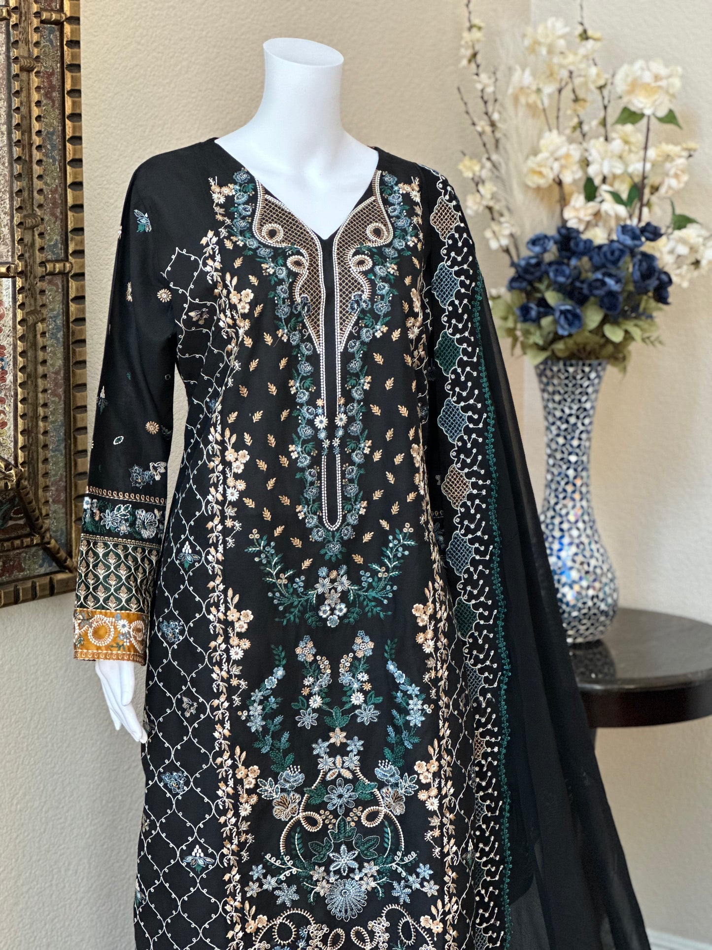 Black Floral Kameez with Trouser