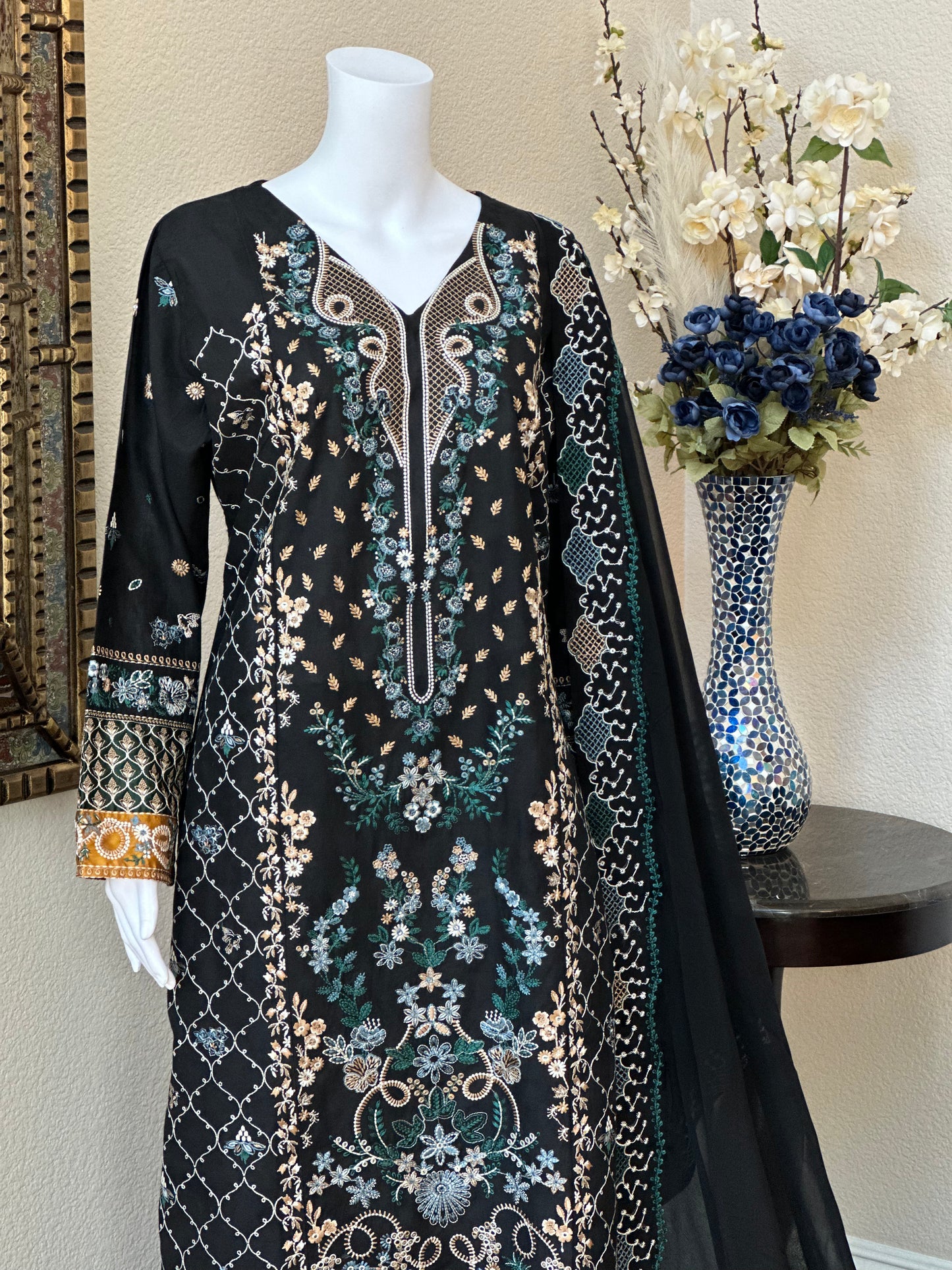 Black Floral Kameez with Trouser