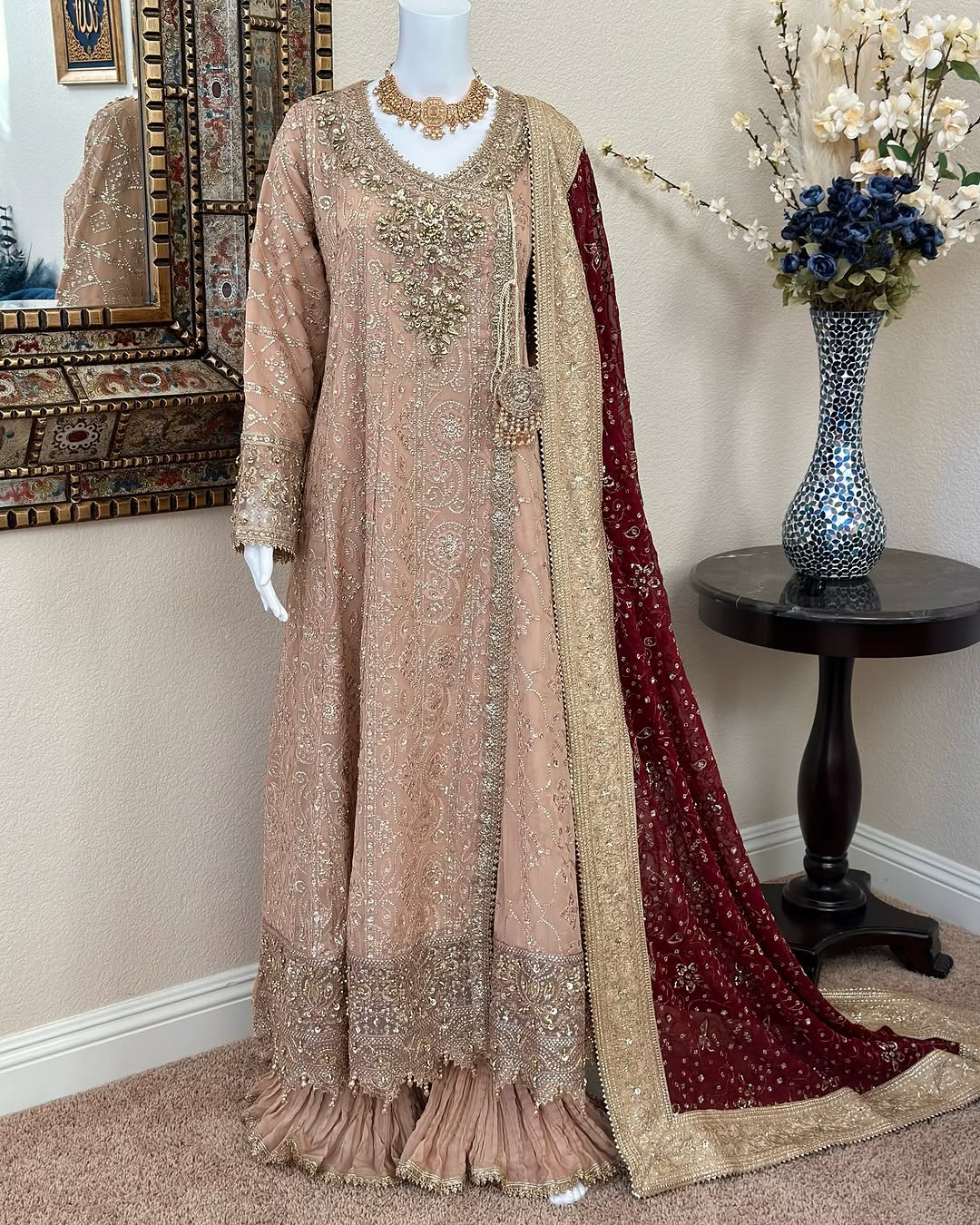 Peach Maxi Gown with Red Dupatta Rewayat Boutique Peach Maxi Gown with Red Dupatta Rewayat Boutique