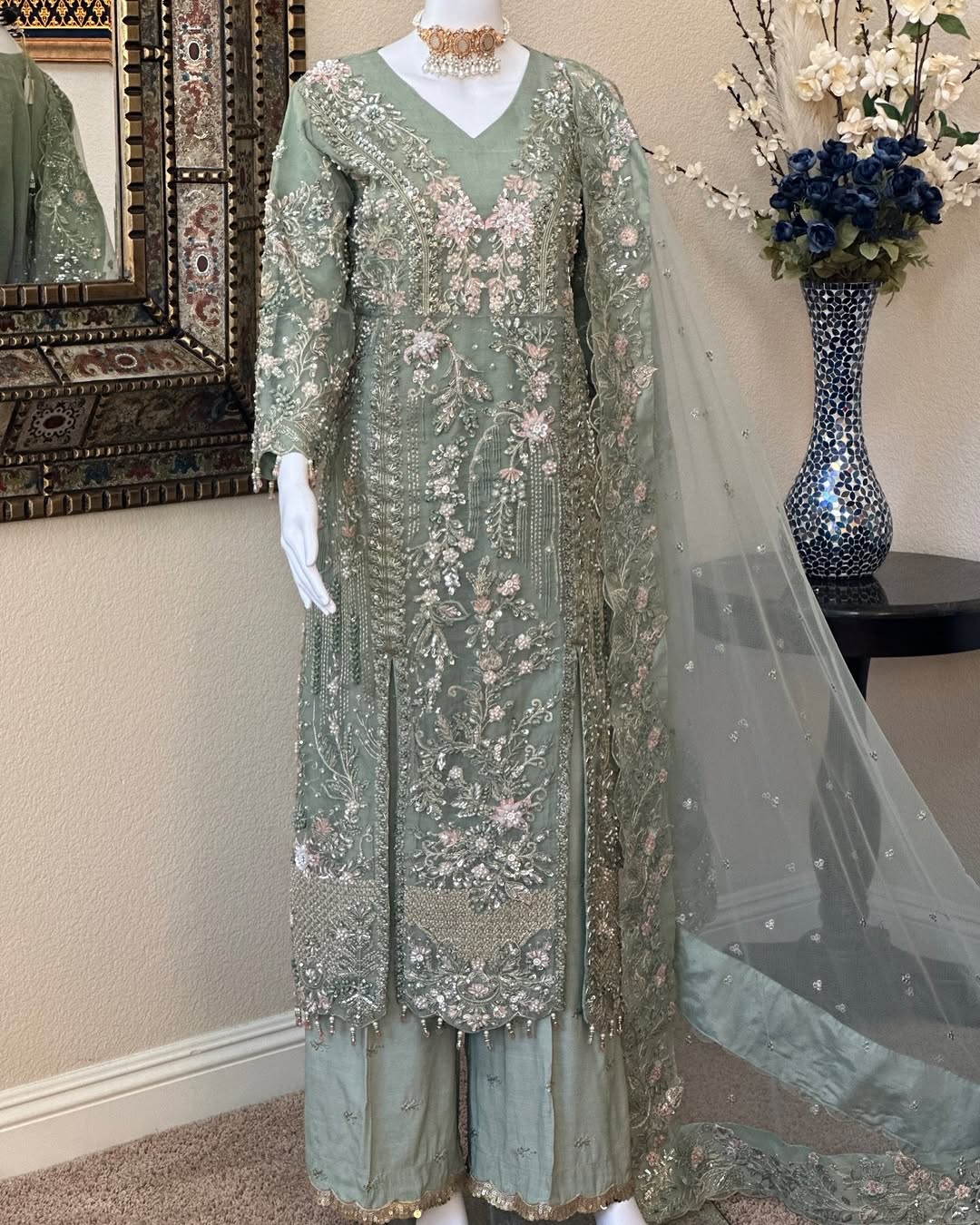 Pastel Green - Slit Style Maxi with Trouser