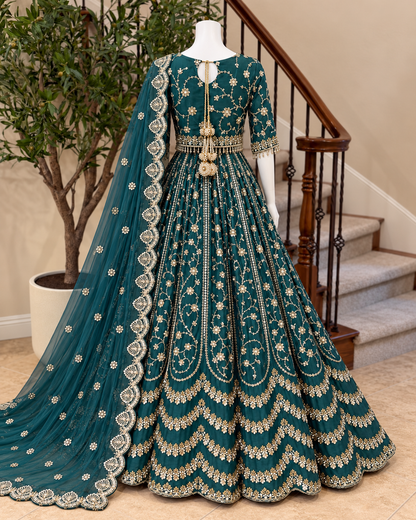 Heirloom Bloom Lengha - Emerald