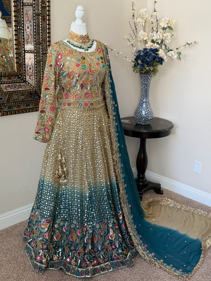 Gold and Blue Ombre Lengha