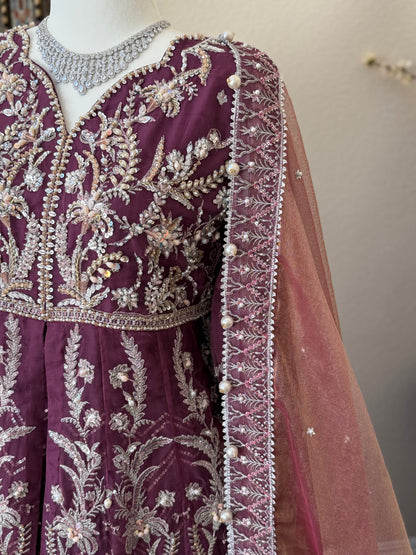 Plum Open Maxi Gown with Lengha