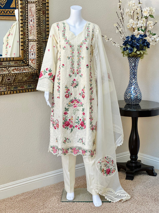 White Floral Kameez with trouser