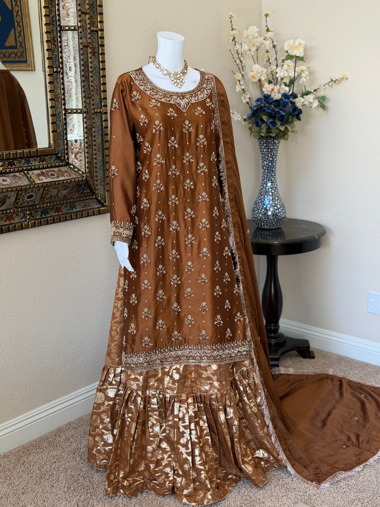 Mocha Brown Zardosi Kameez with Lengha