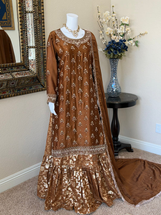 Mocha Brown Zardosi Kameez with Lengha