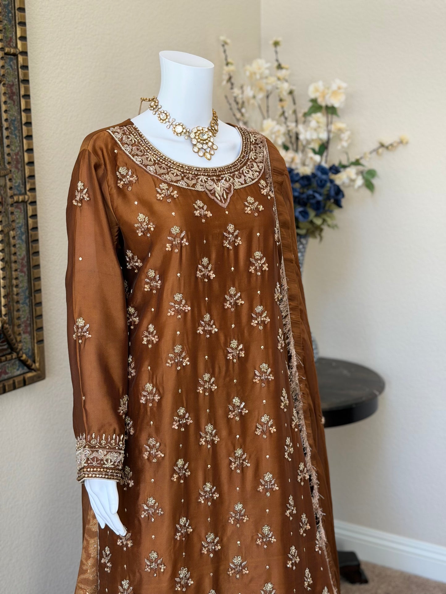 Mocha Brown Zardosi Kameez with Lengha