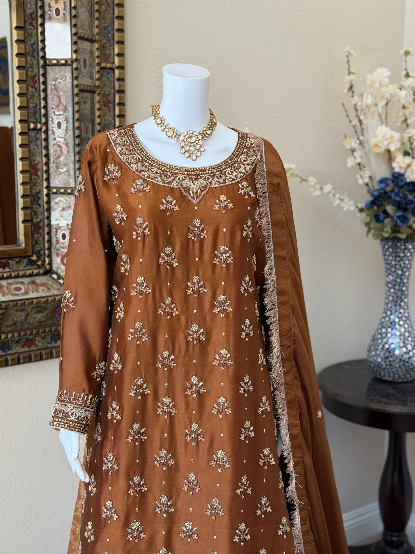 Mocha Brown Zardosi Kameez with Lengha
