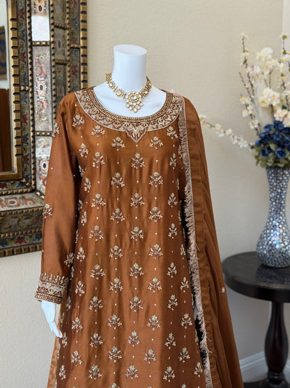 Mocha Brown Zardosi Kameez with Lengha