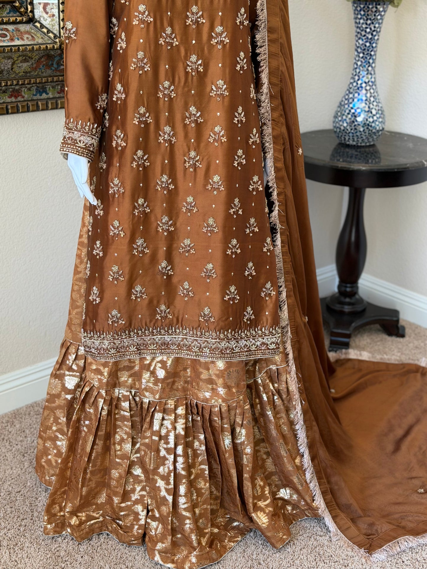 Mocha Brown Zardosi Kameez with Lengha