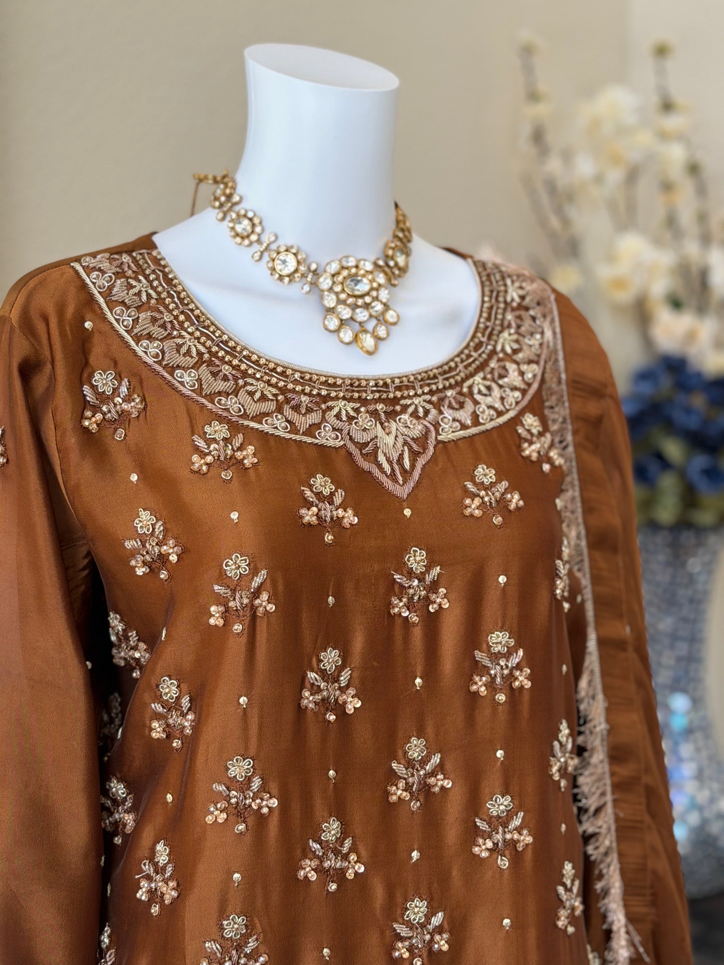 Mocha Brown Zardosi Kameez with Lengha