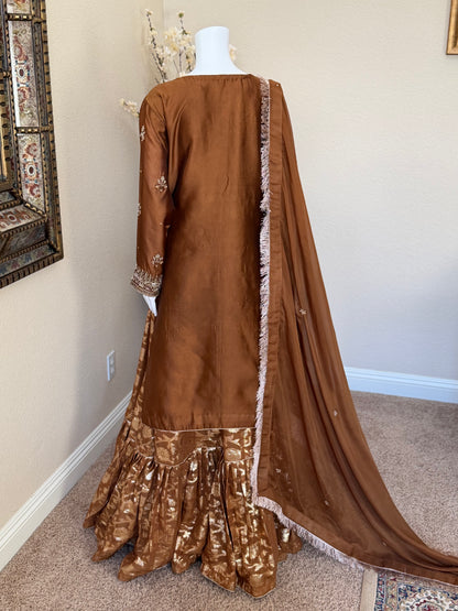 Mocha Brown Zardosi Kameez with Lengha