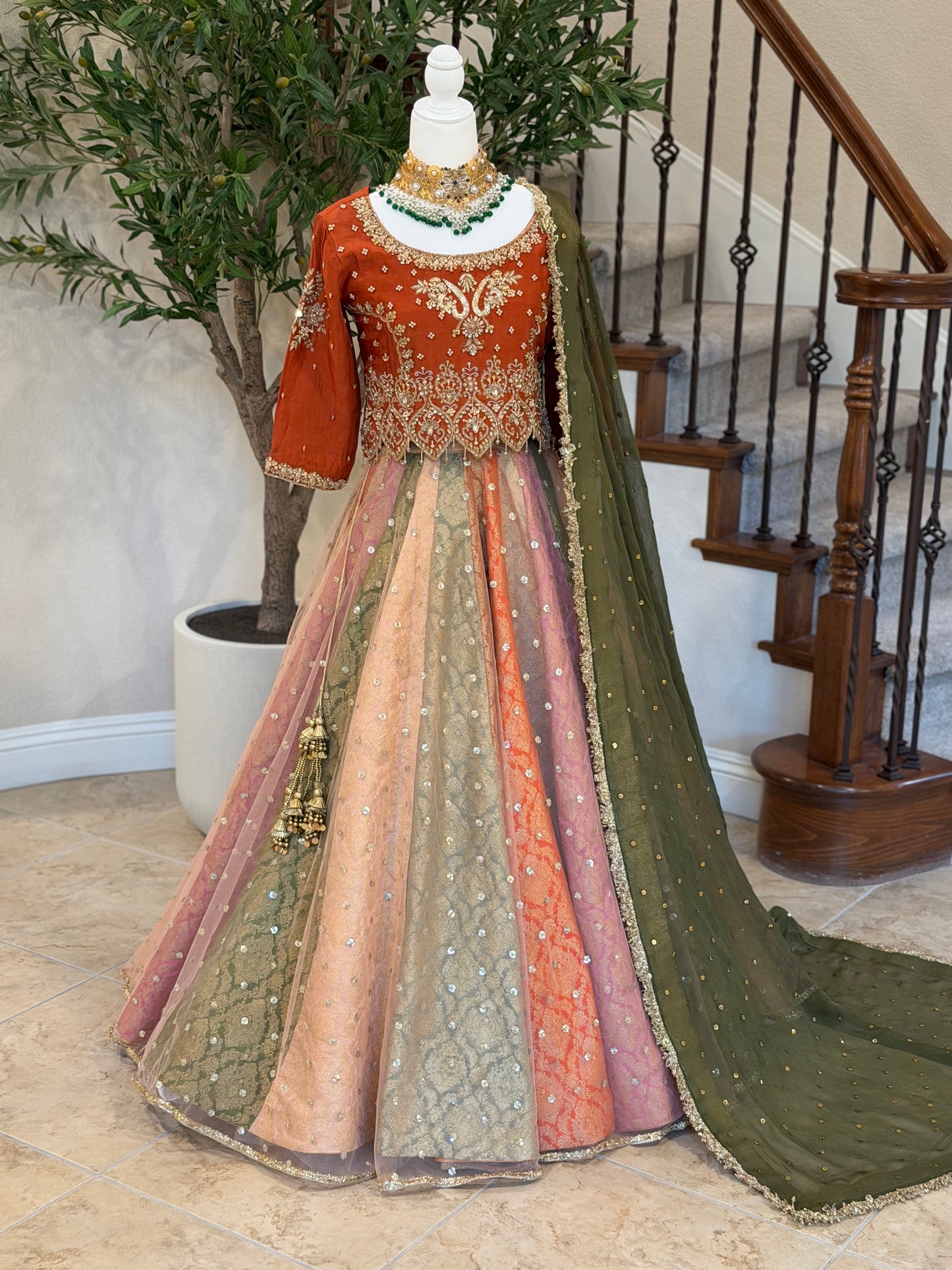 Satrangi Lengha - Rust Brown Zardosi Blouse