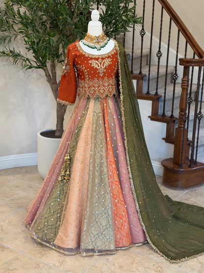 Satrangi Lengha - Rust Brown Zardosi Blouse