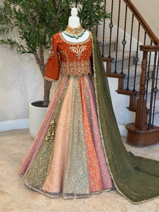 Satrangi Lengha - Rust Brown Zardosi Blouse