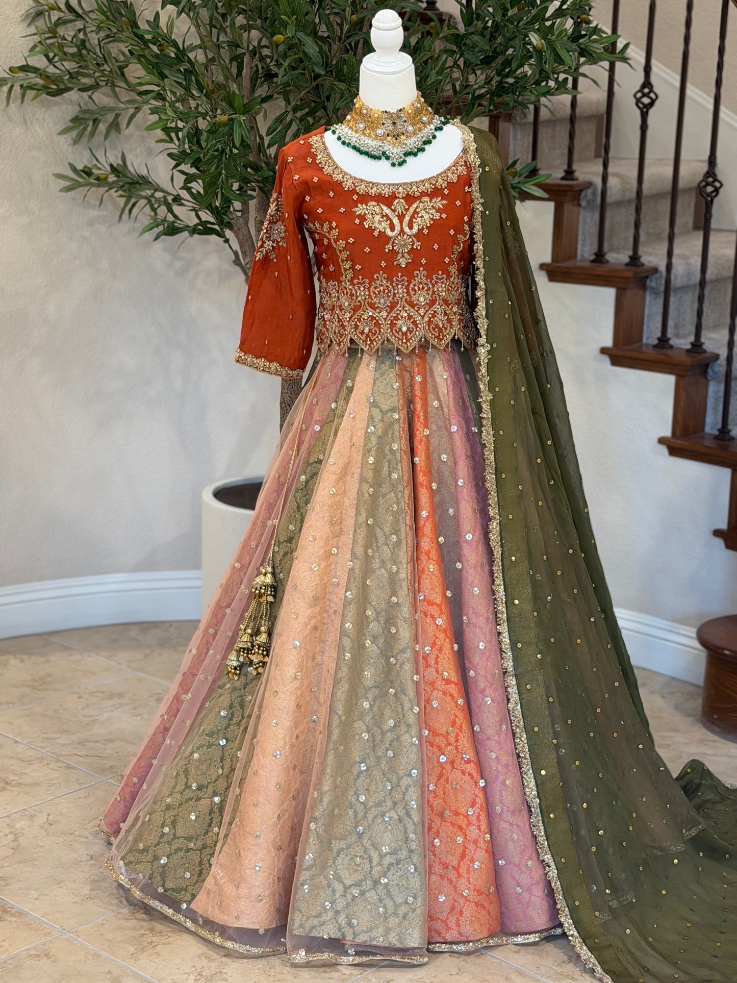 Satrangi Lengha - Rust Brown Zardosi Blouse