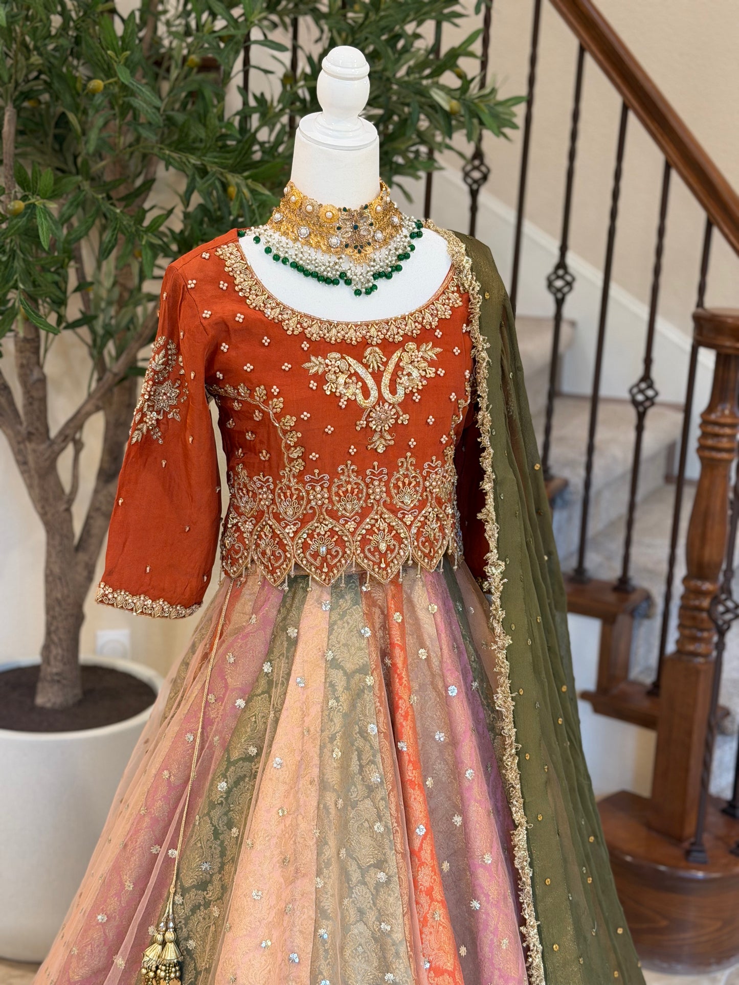 Satrangi Lengha - Rust Brown Zardosi Blouse