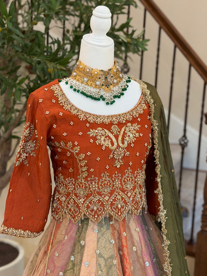 Satrangi Lengha - Rust Brown Zardosi Blouse