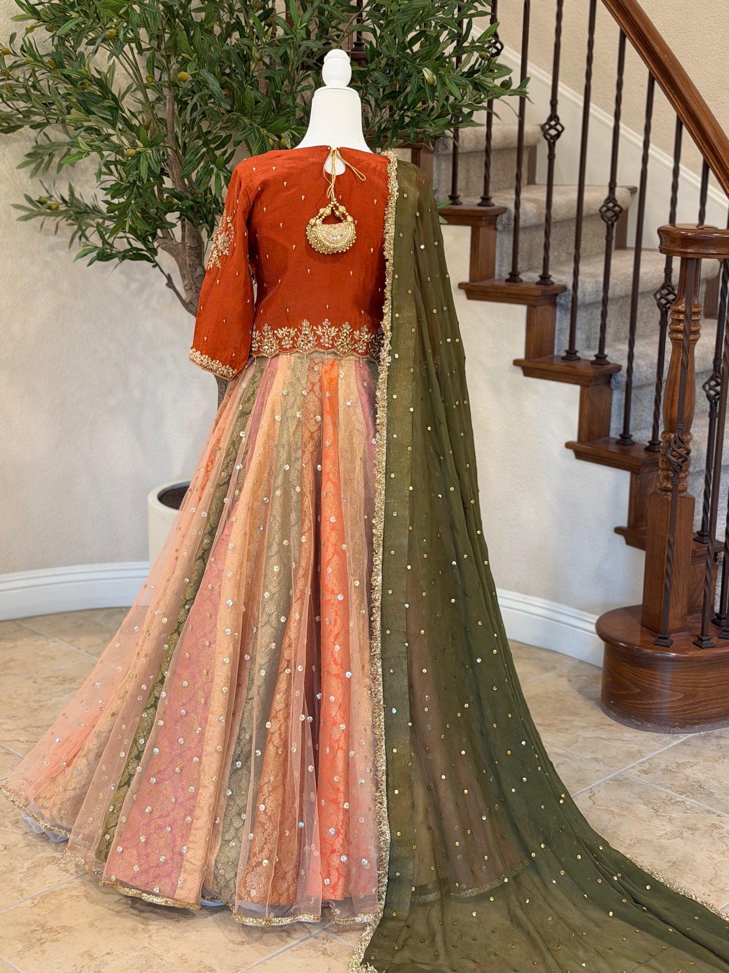 Satrangi Lengha - Rust Brown Zardosi Blouse