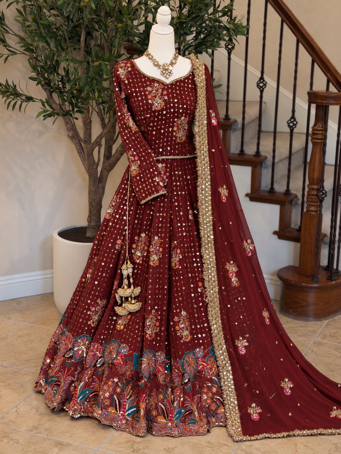 Floral Lengha - Maroon
