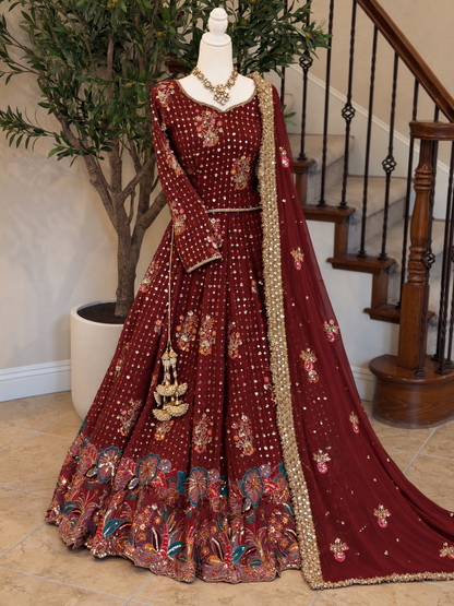 Floral Lengha - Maroon