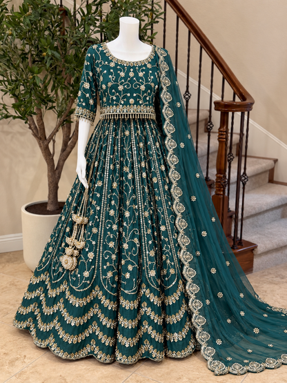 Heirloom Bloom Lengha - Emerald
