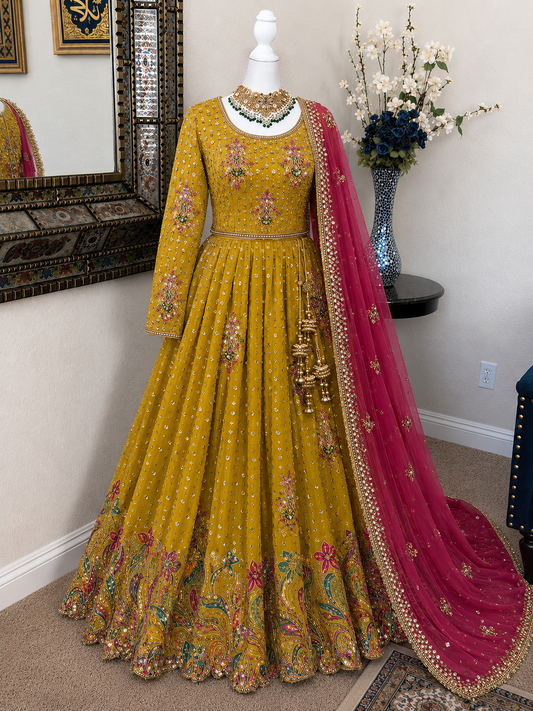 Floral Lengha - Mustard