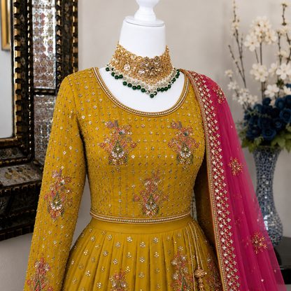 Floral Lengha - Mustard