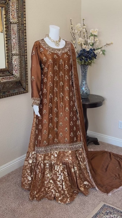 Mocha Brown Zardosi Kameez with Lengha