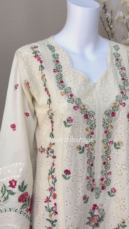 White Floral Kameez with trouser